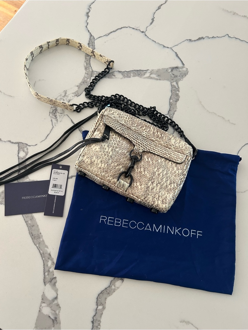 Rebecca Minkoff Python-Embossed Mini Crossbody in Cream and Black Hardware